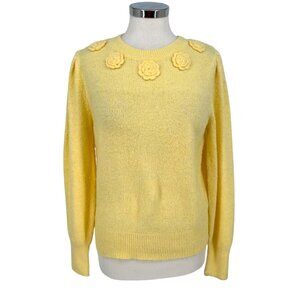Joie Floral Embellished Puff Sleeve Crewneck Sweater Yellow Size Small